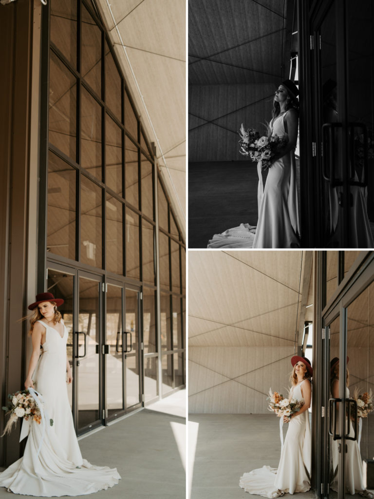 Modern Urban Elopement Bridal Portraits in down town Fort St John BC Canada.  Using a boho colour scheme and bold buildings for unique and gorgeous wedding photos or bridal portraits. 